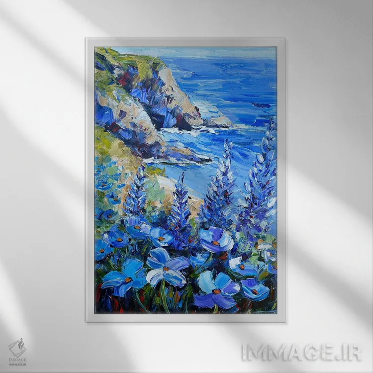 تابلو دکوراتیو غزل دریای آبی اثر لیزا الی - نمای قابدار سفید