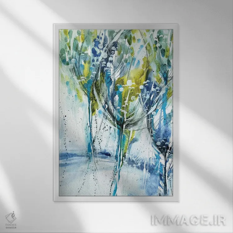تابلو انتزاعی درختان آبی اثر لسیا بینکین - نمای قابدار سفید