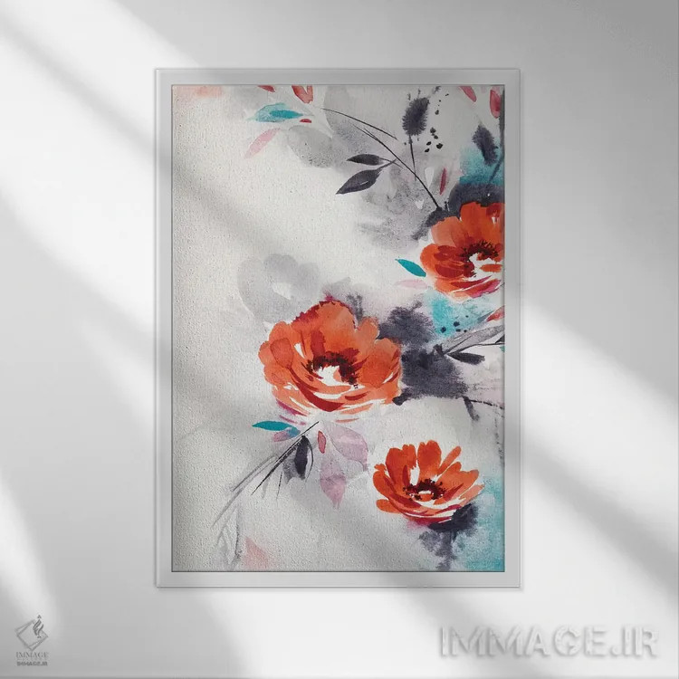 تابلو دکوراتیو گل های قرمز مینیمال اثر لسیا بینکین - نمای قابدار سفید