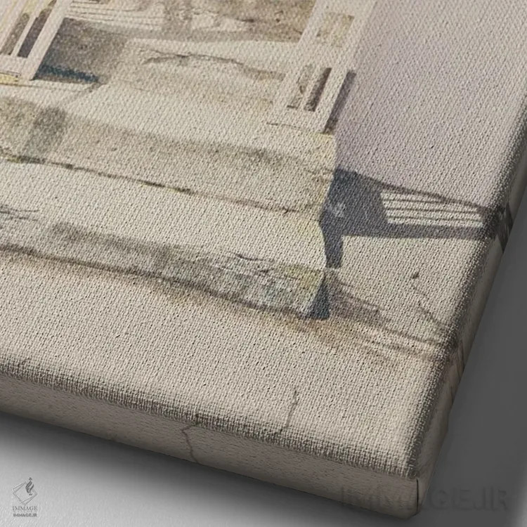 تابلو دکوراتیو در سبز نعنایی و ساختمان صورتی اثر لورا ایوانز - نمای نزدیک بافت بوم