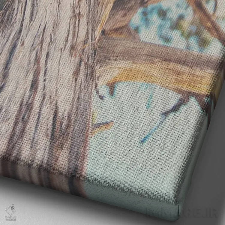 تابلو دکوراتیو نگاه رو به بالا میان برگ های درخت سرو کوهی اثر لورا ایوانز - نمای نزدیک بافت بوم