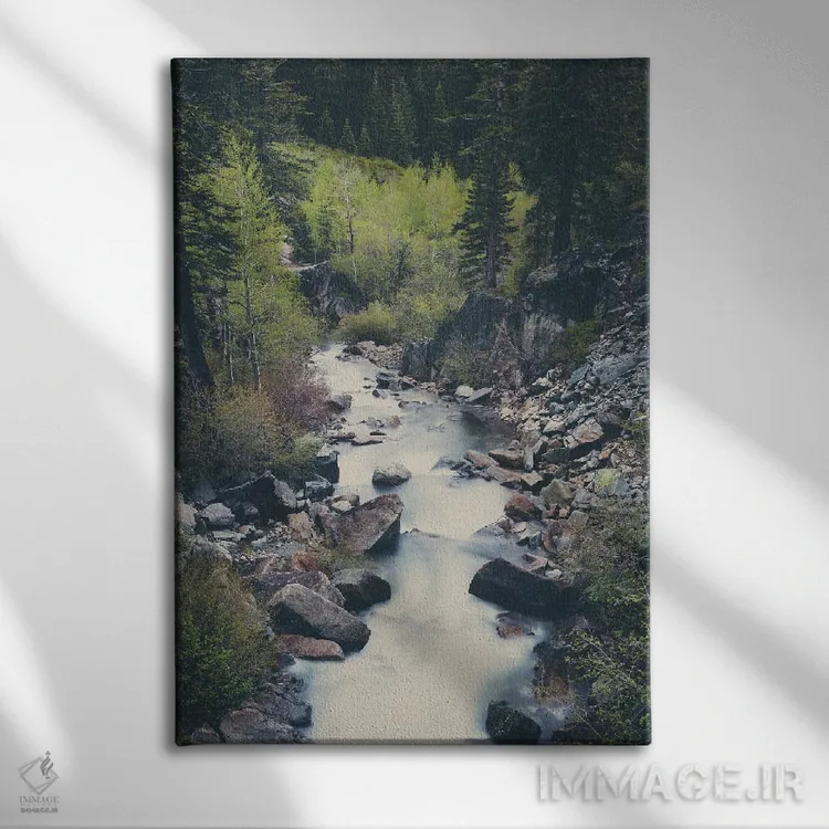 تابلو دکوراتیو رودخانه کوهستانی در میان درختان بالای دریاچه تاهو جاری است اثر لورا ایوانز - نمای روبهرو روی دیوار