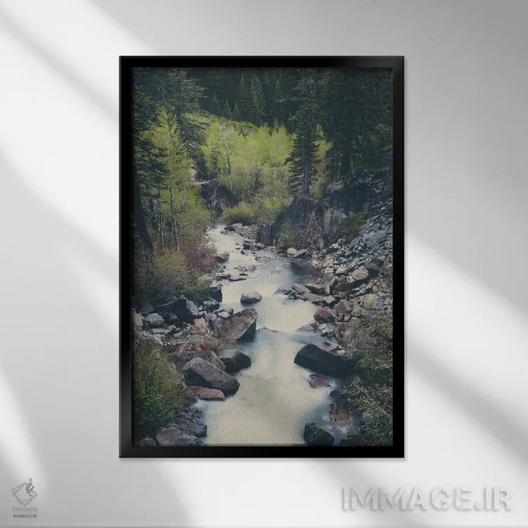 تابلو دکوراتیو رودخانه کوهستانی در میان درختان بالای دریاچه تاهو جاری است اثر لورا ایوانز - نمای قابدار مشکی