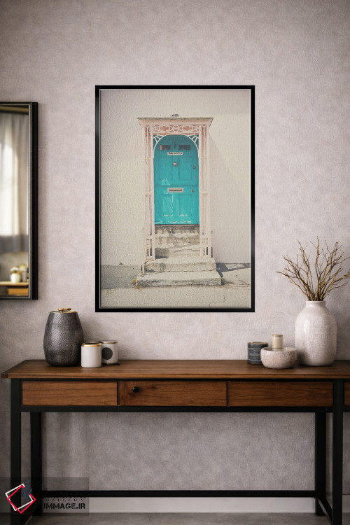 تابلو دکوراتیو در سبز نعنایی و ساختمان صورتی اثر لورا ایوانز - D2B