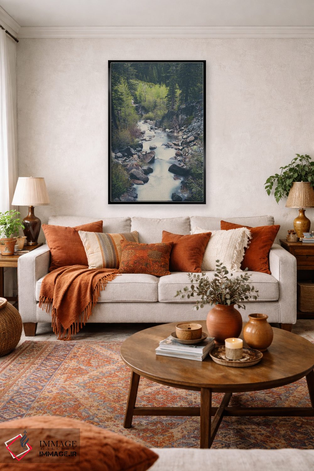 تابلو دکوراتیو رودخانه کوهستانی در میان درختان بالای دریاچه تاهو جاری است اثر لورا ایوانز - D5B