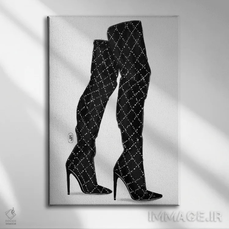 تابلو دکوراتیو چکمه های بلند براق اثر لا فم ژوژو - نمای روبهرو روی دیوار