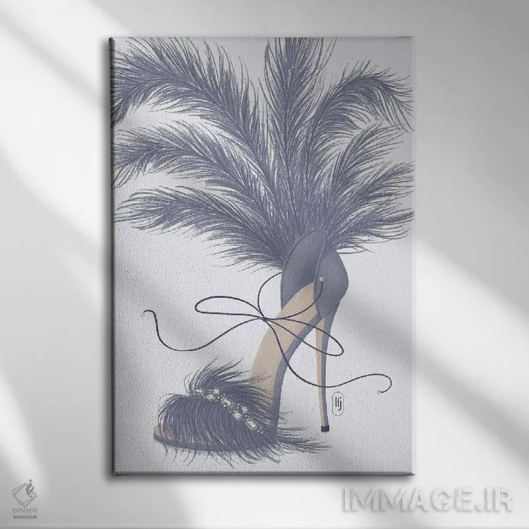 تابلو دکوراتیو کفش با پرهای یاسی اثر لا فم ژوژو - نمای روبهرو روی دیوار