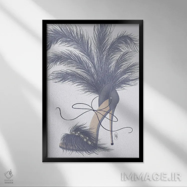 تابلو دکوراتیو کفش با پرهای یاسی اثر لا فم ژوژو - نمای قابدار مشکی