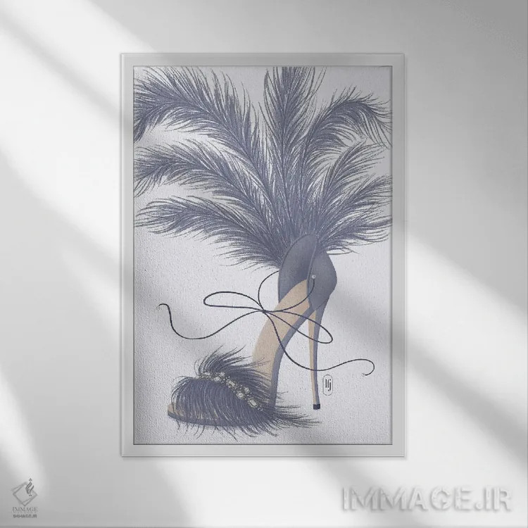 تابلو دکوراتیو کفش با پرهای یاسی اثر لا فم ژوژو - نمای قابدار سفید