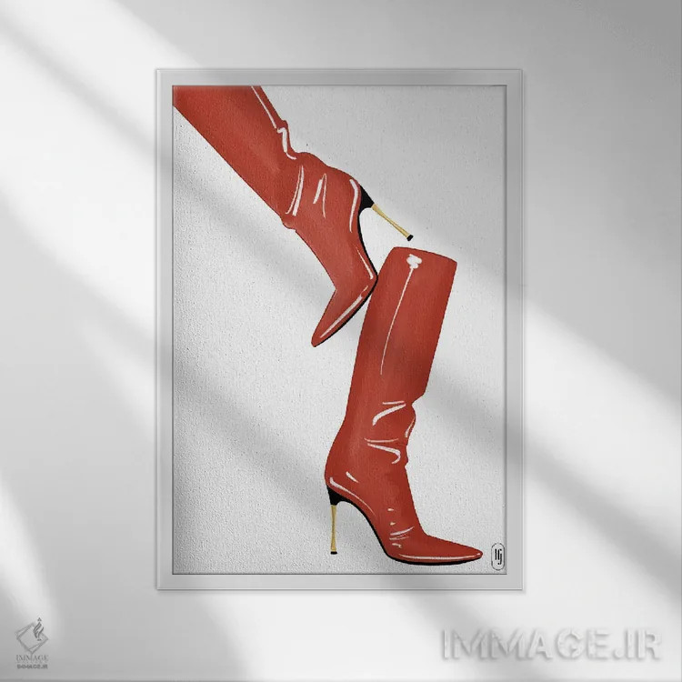 تابلو دکوراتیو چکمه های قرمز اثر لا فم ژوژو - نمای قابدار سفید