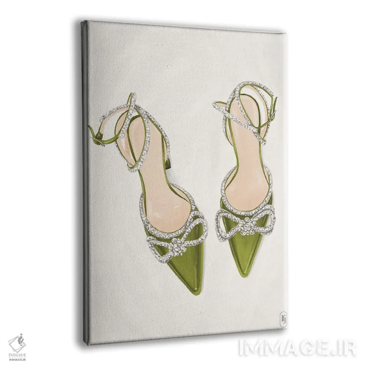 تابلو دکوراتیو کفش پاشنه بلند سبز درخشان اثر لا فم ژوژو - نمای پرسپکتیو محصول