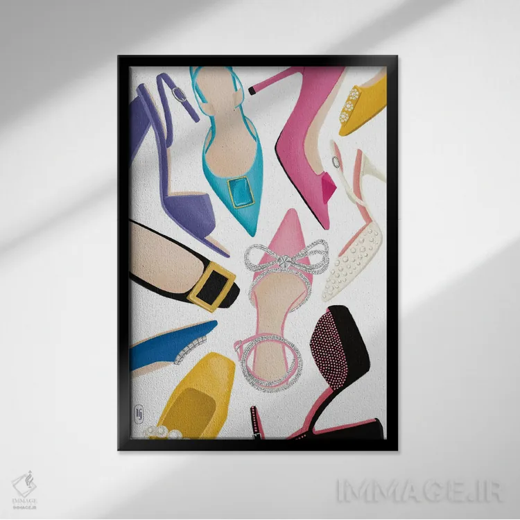 تابلو دکوراتیو دنیایی از کفش ها اثر لا فم ژوژو - نمای قابدار مشکی