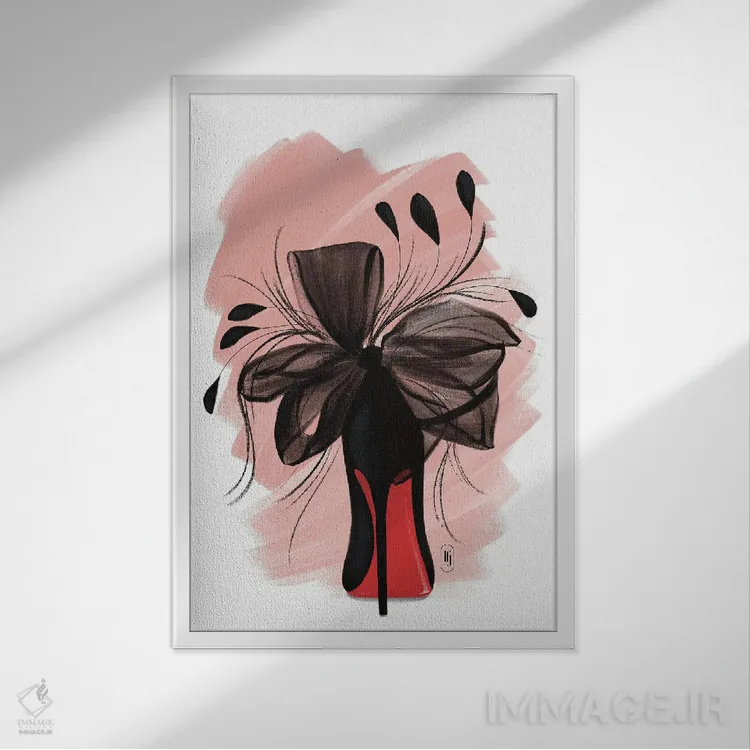 تابلو دکوراتیو پاشنه بلند با پر مشکی اثر لا فم ژوژو - نمای قابدار سفید