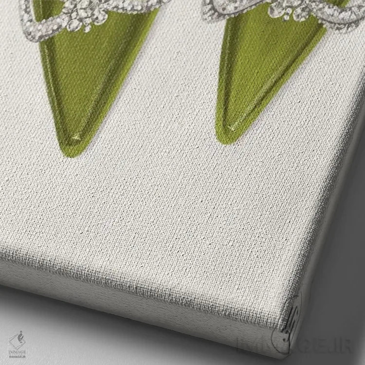 تابلو دکوراتیو کفش پاشنه بلند سبز درخشان اثر لا فم ژوژو - نمای نزدیک بافت بوم