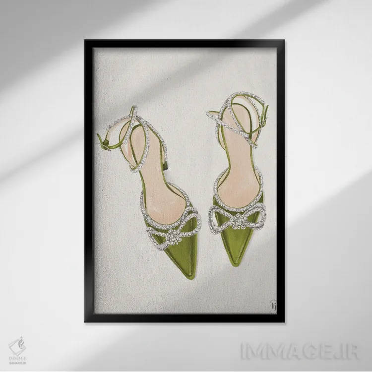 تابلو دکوراتیو کفش پاشنه بلند سبز درخشان اثر لا فم ژوژو - نمای قابدار مشکی