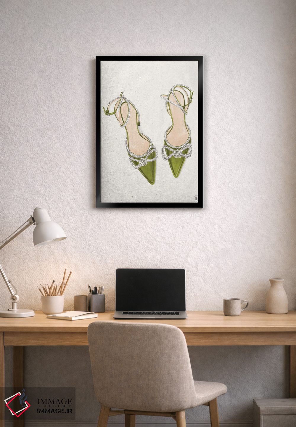 تابلو دکوراتیو کفش پاشنه بلند سبز درخشان اثر لا فم ژوژو - D2B