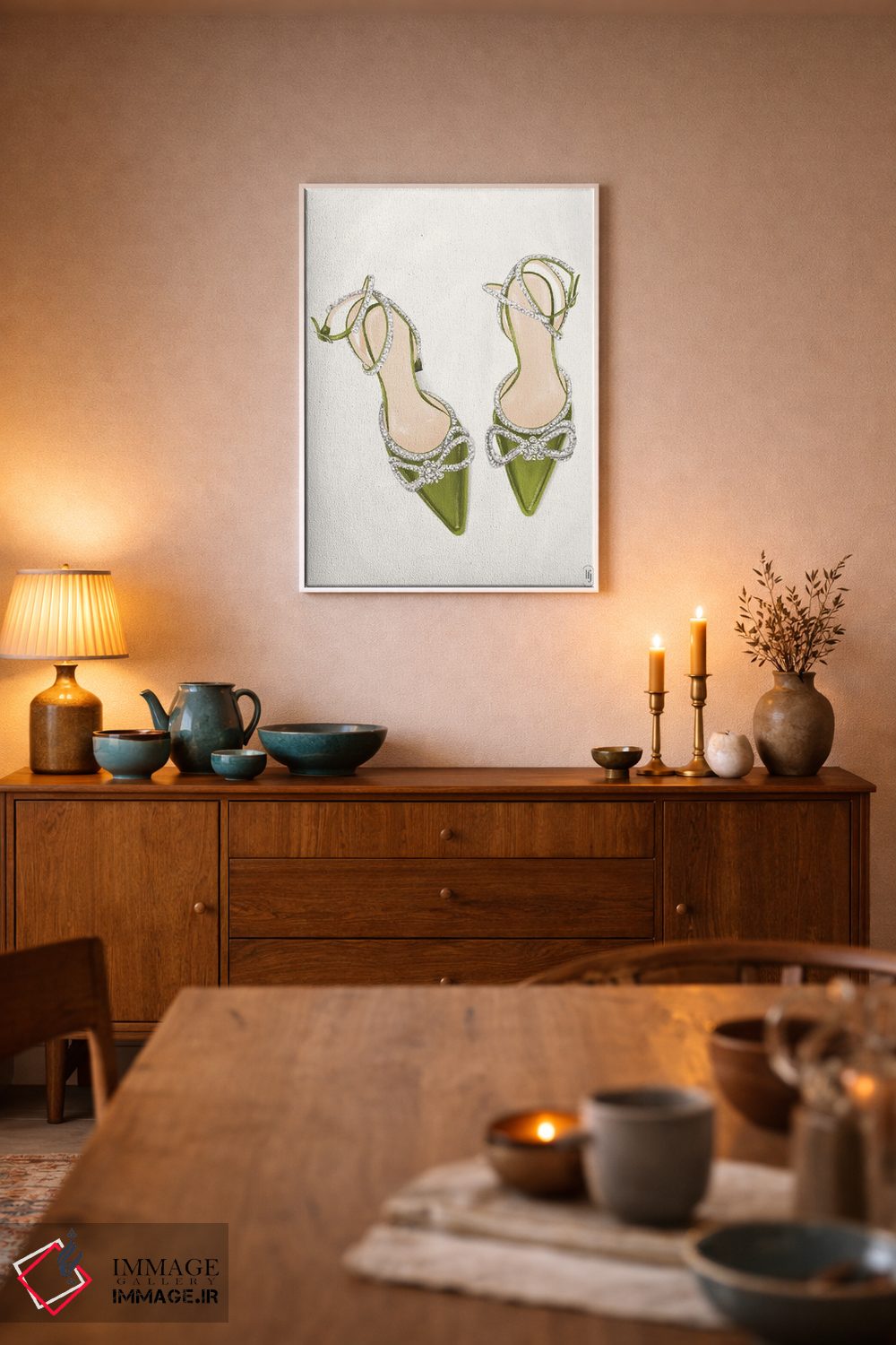 تابلو دکوراتیو کفش پاشنه بلند سبز درخشان اثر لا فم ژوژو - D6W