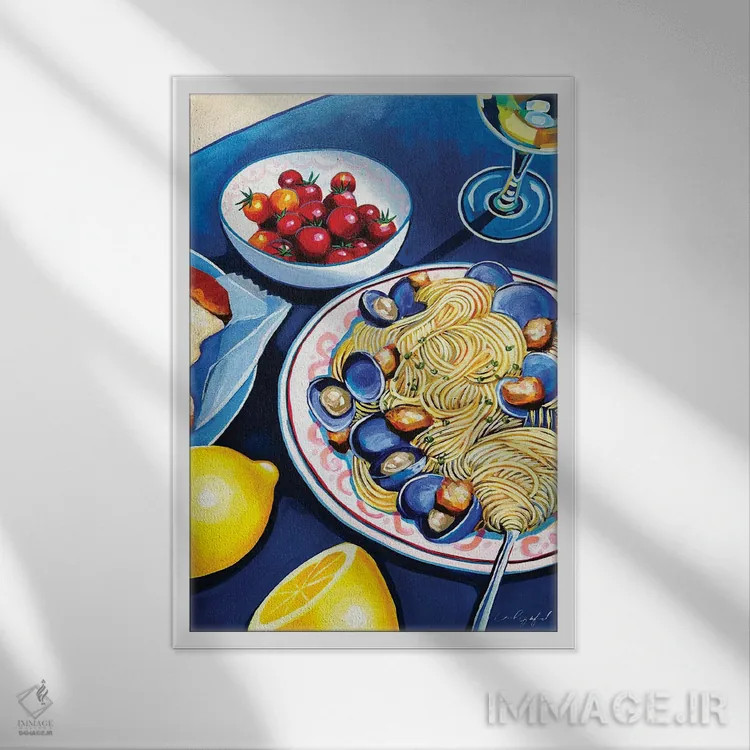 تابلو دکوراتیو لینگویینی و صدف اثر لورل گرینفیلد - نمای قابدار سفید