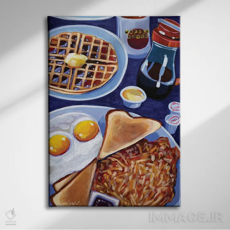 تابلو دکوراتیو صبحانه وافل هاوس در آبی اثر لورل گرینفیلد - نمای روبهرو روی دیوار