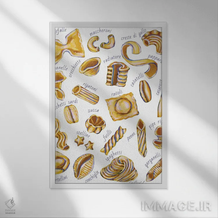 تابلو دکوراتیو پاستا روی زمینه سفید اثر لورل گرینفیلد - نمای قابدار سفید