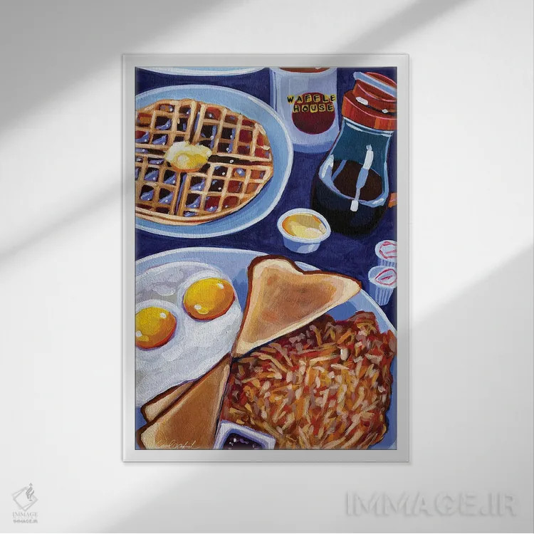 تابلو دکوراتیو صبحانه وافل هاوس در آبی اثر لورل گرینفیلد - نمای قابدار سفید