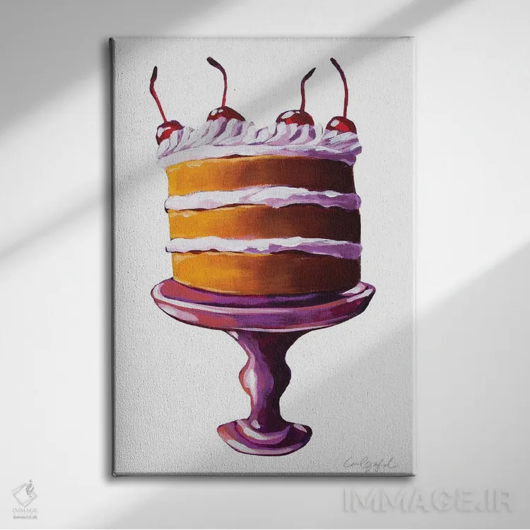 تابلو دکوراتیو کیک با گیلاس روی آن اثر لورل گرینفیلد - نمای روبهرو روی دیوار
