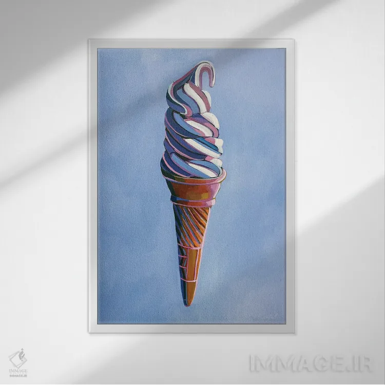 تابلو دکوراتیو بستنی وانیلی روی زمینه آبی پری وینکل اثر لورل گرینفیلد - نمای قابدار سفید