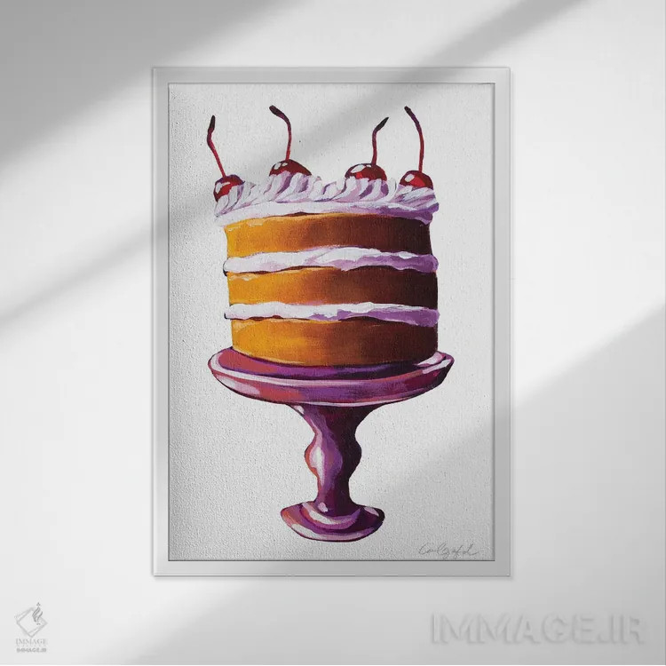 تابلو دکوراتیو کیک با گیلاس روی آن اثر لورل گرینفیلد - نمای قابدار سفید