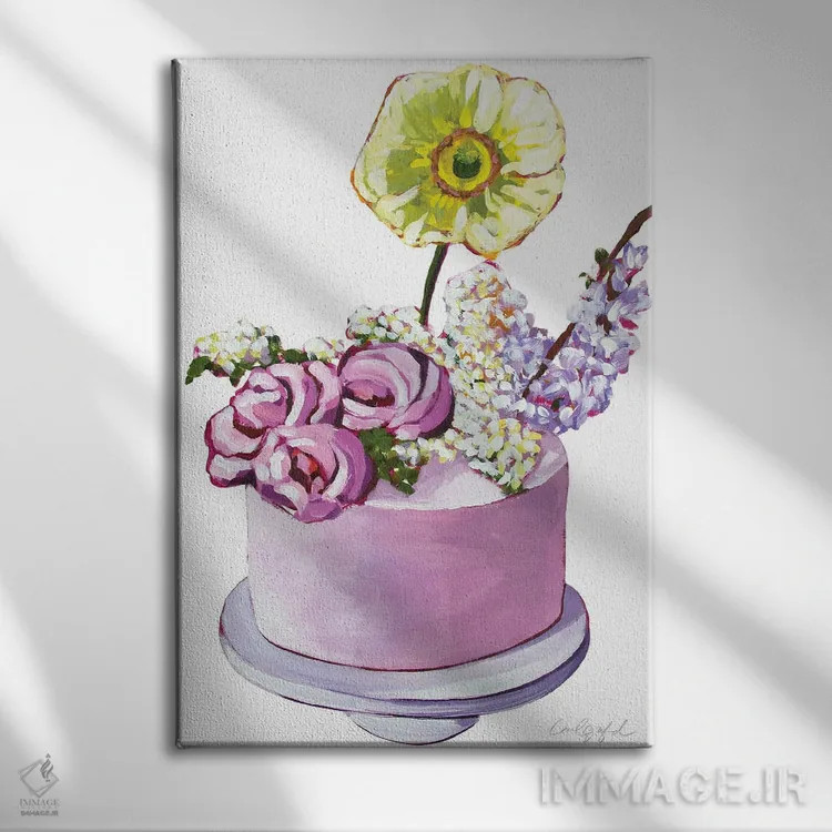 تابلو دکوراتیو کیک با گل زرد اثر لورل گرینفیلد - نمای روبهرو روی دیوار