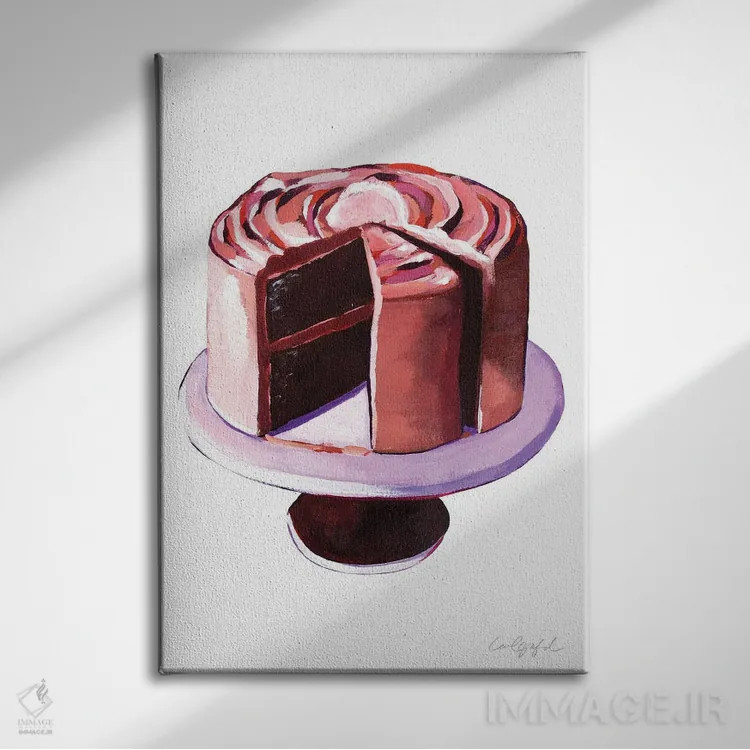 تابلو دکوراتیو کیک شکلاتی و یک برش از آن اثر لورل گرینفیلد - نمای روبهرو روی دیوار