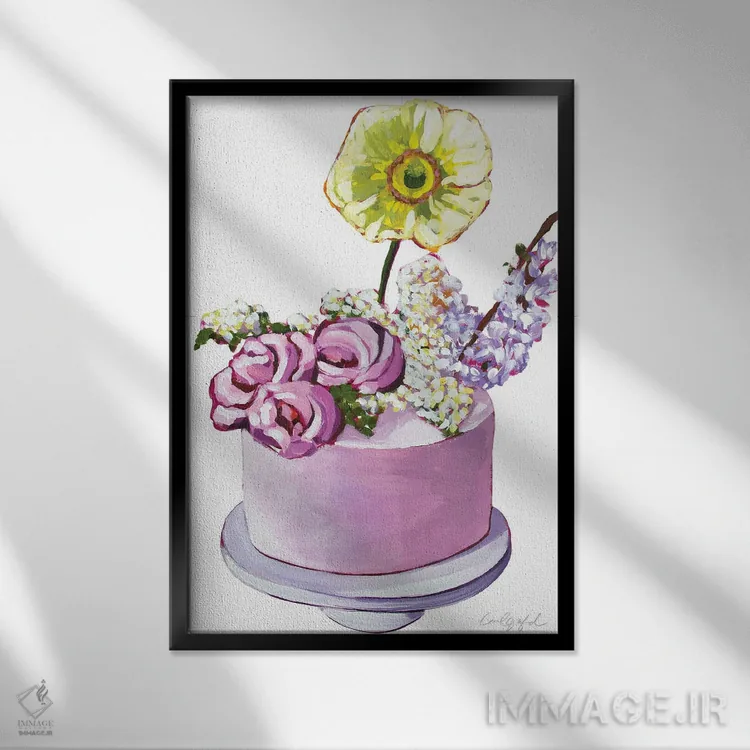 تابلو دکوراتیو کیک با گل زرد اثر لورل گرینفیلد - نمای قابدار مشکی