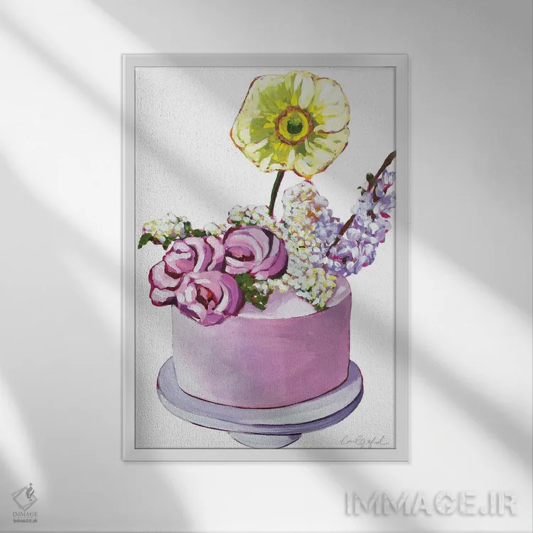 تابلو دکوراتیو کیک با گل زرد اثر لورل گرینفیلد - نمای قابدار سفید