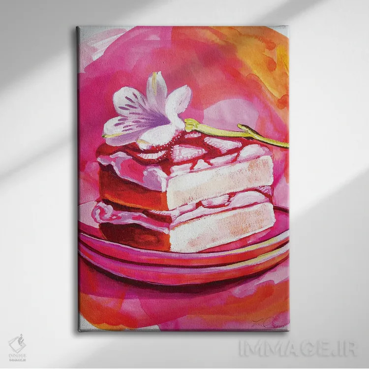تابلو دکوراتیو کیک گل توت فرنگی اثر لورل گرینفیلد - نمای روبهرو روی دیوار