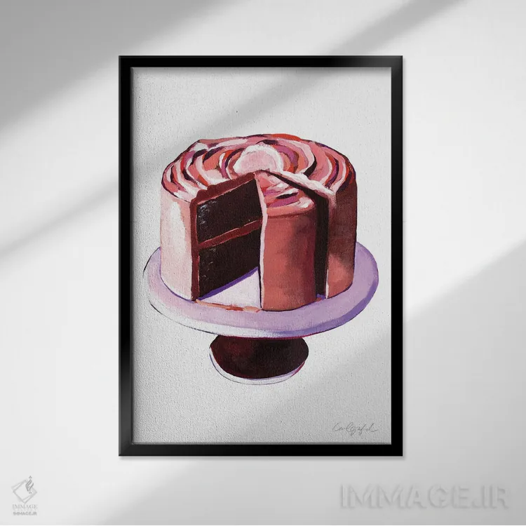 تابلو دکوراتیو کیک شکلاتی و یک برش از آن اثر لورل گرینفیلد - نمای قابدار مشکی