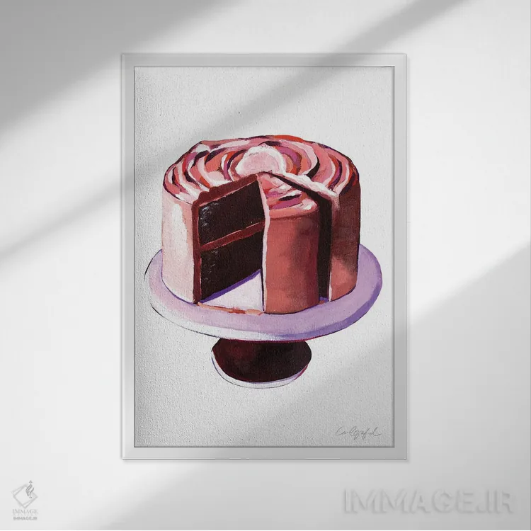 تابلو دکوراتیو کیک شکلاتی و یک برش از آن اثر لورل گرینفیلد - نمای قابدار سفید