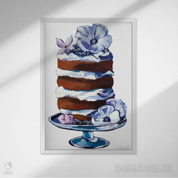 تابلو دکوراتیو کیک تمشک و هیبیسکوس اثر لورل گرینفیلد - نمای قابدار سفید