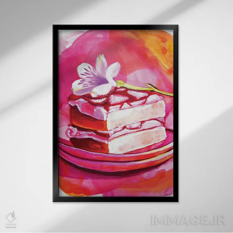 تابلو دکوراتیو کیک گل توت فرنگی اثر لورل گرینفیلد - نمای قابدار مشکی