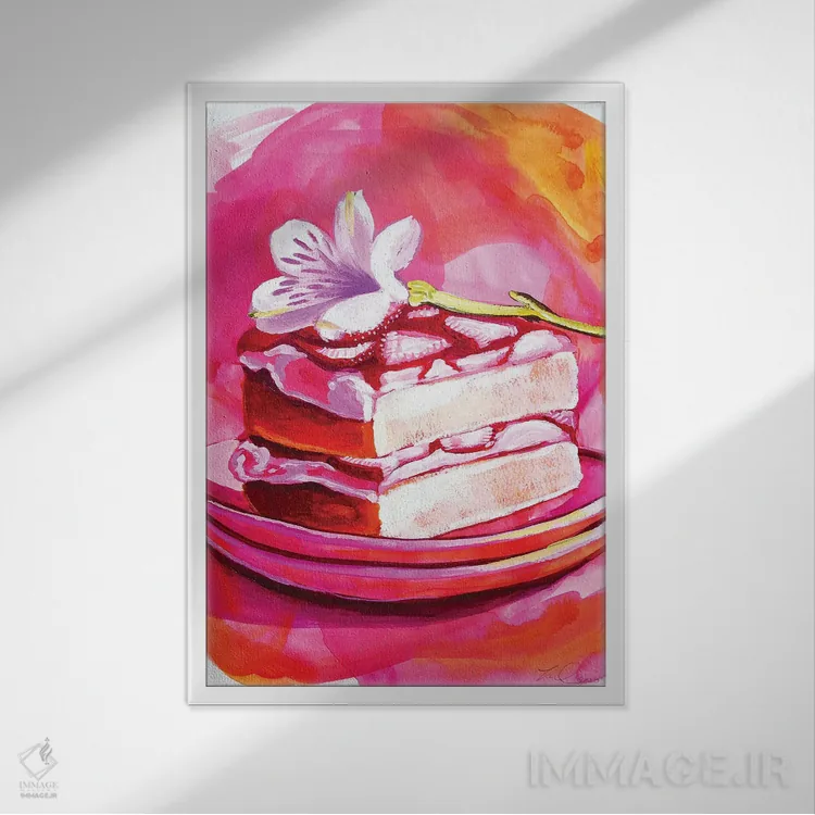 تابلو دکوراتیو کیک گل توت فرنگی اثر لورل گرینفیلد - نمای قابدار سفید