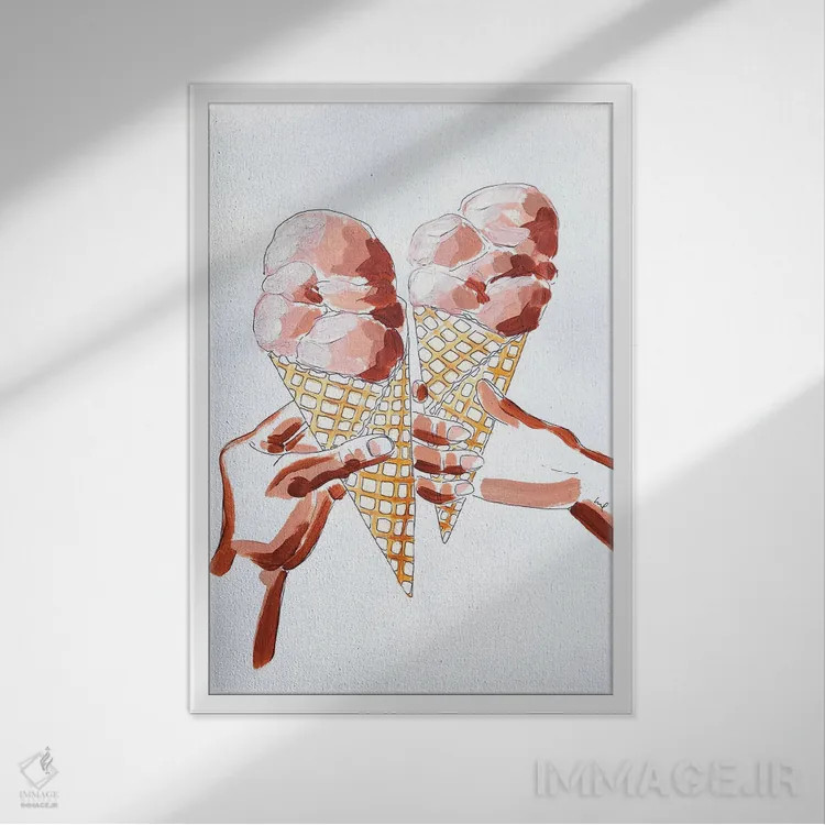 تابلو دکوراتیو مطالعه دست ها و بستنی اثر لورل گرینفیلد - نمای قابدار سفید