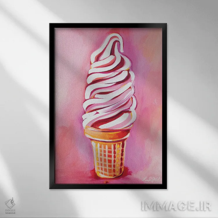 تابلو دکوراتیو بستنی سافت سرو صورتی اثر لورل گرینفیلد - نمای قابدار مشکی