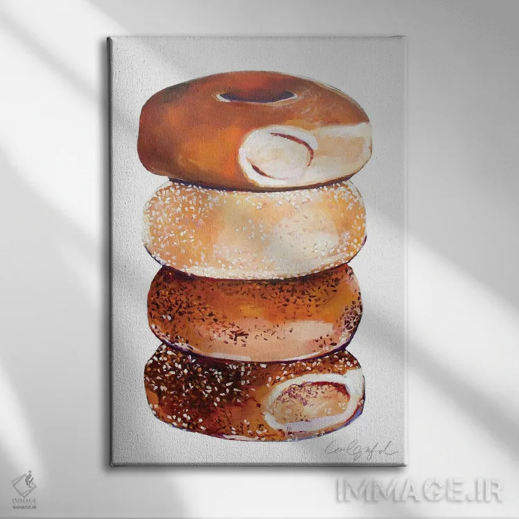 تابلو دکوراتیو روی هم چیده شدن بیگل ها اثر لورل گرینفیلد - نمای روبهرو روی دیوار