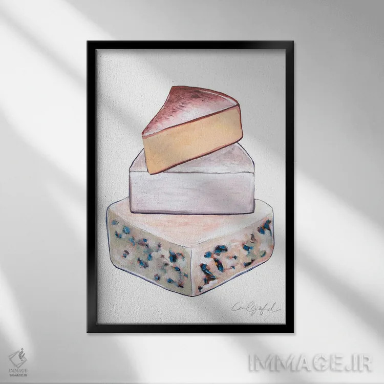 تابلو دکوراتیو روی هم چیده شدن پنیرها اثر لورل گرینفیلد - نمای قابدار مشکی