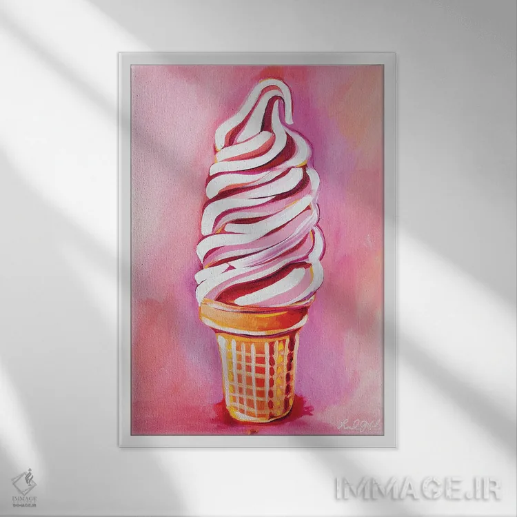 تابلو دکوراتیو بستنی سافت سرو صورتی اثر لورل گرینفیلد - نمای قابدار سفید