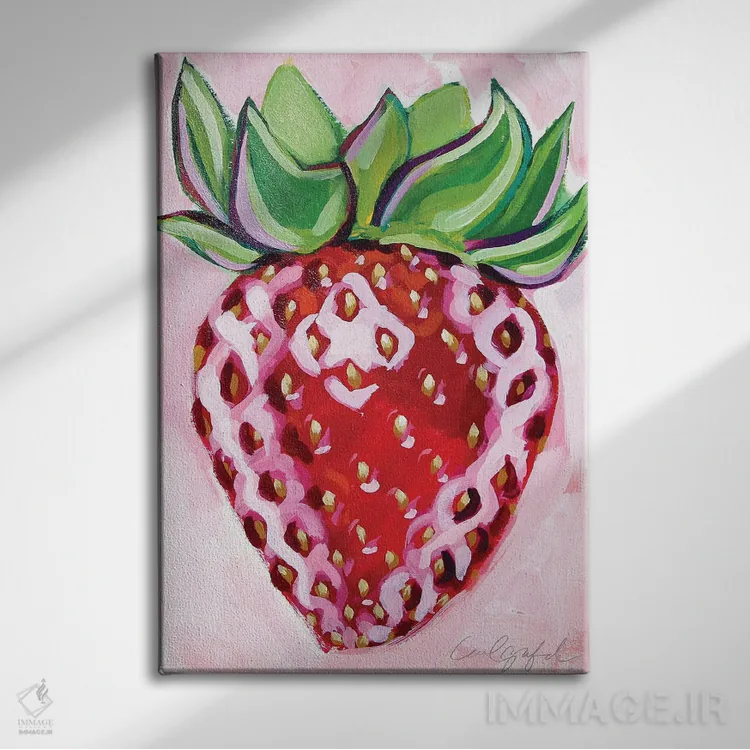 تابلو دکوراتیو توت فرنگی روی زمینه صورتی اثر لورل گرینفیلد - نمای روبهرو روی دیوار