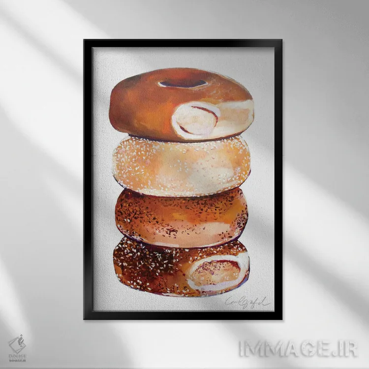 تابلو دکوراتیو روی هم چیده شدن بیگل ها اثر لورل گرینفیلد - نمای قابدار مشکی