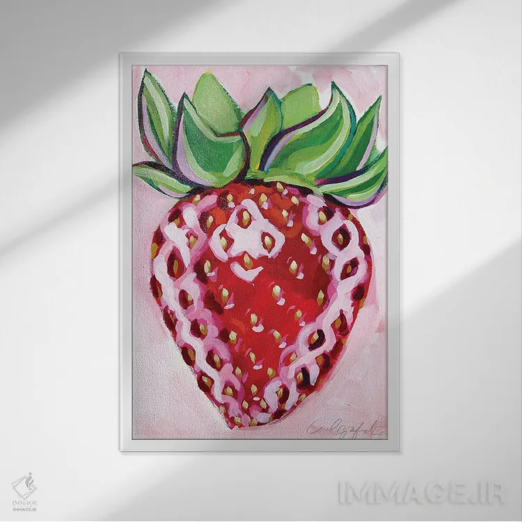 تابلو دکوراتیو توت فرنگی روی زمینه صورتی اثر لورل گرینفیلد - نمای قابدار سفید