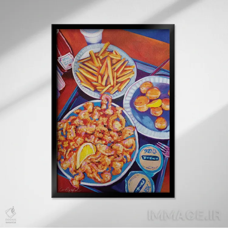 تابلو دکوراتیو صدف سرخ شده و سیب زمینی سرخ کرده اثر لورل گرینفیلد - نمای قابدار مشکی