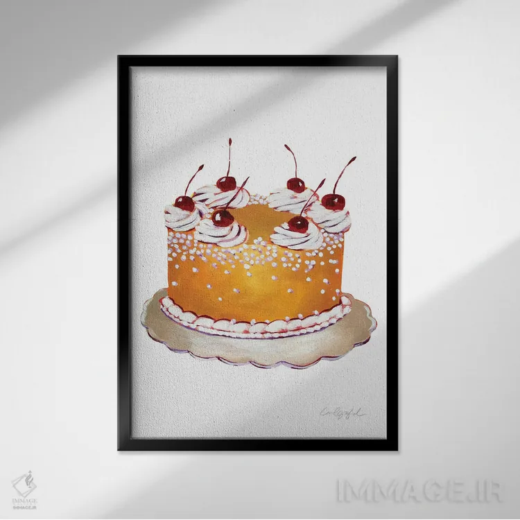 تابلو دکوراتیو کیک طلایی با گیلاس اثر لورل گرینفیلد - نمای قابدار مشکی