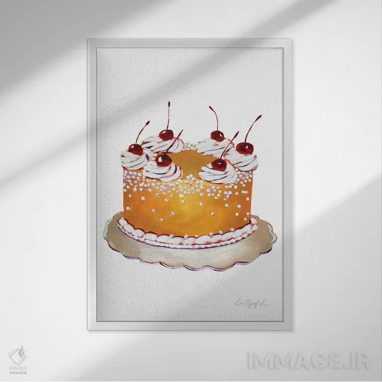 تابلو دکوراتیو کیک طلایی با گیلاس اثر لورل گرینفیلد - نمای قابدار سفید