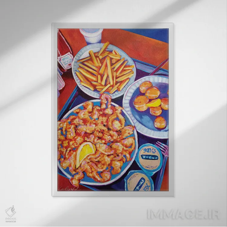 تابلو دکوراتیو صدف سرخ شده و سیب زمینی سرخ کرده اثر لورل گرینفیلد - نمای قابدار سفید